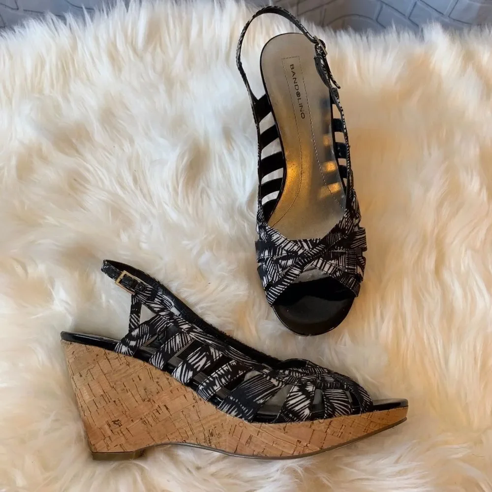 Bandolino‎ Niven Canvas & Cork Wedge Sandals Sz 9.5